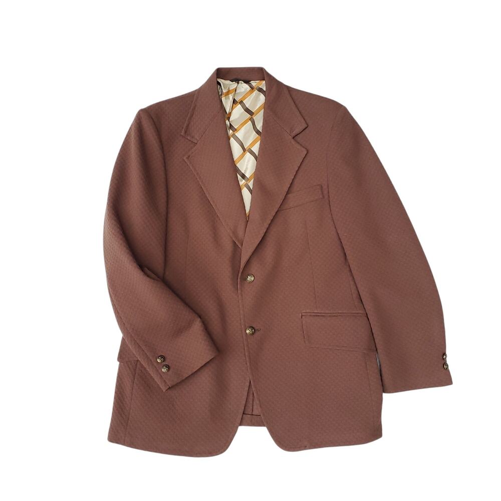 Vintage Retro 70s Leisure Suit Jacket Blazer Sport Coat Textured Brown Poly 42R